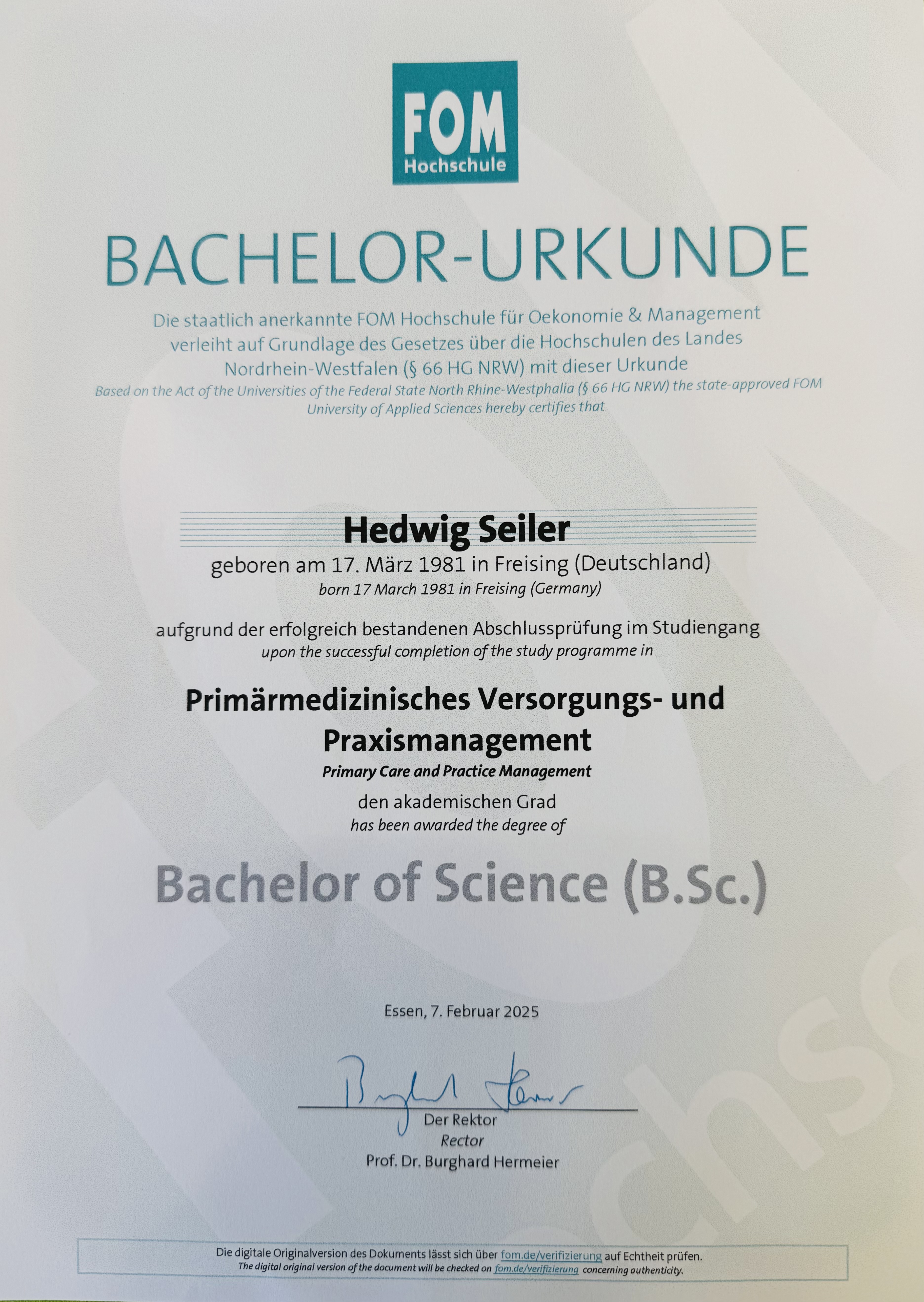 Bachelorzeugnis von Hedwig